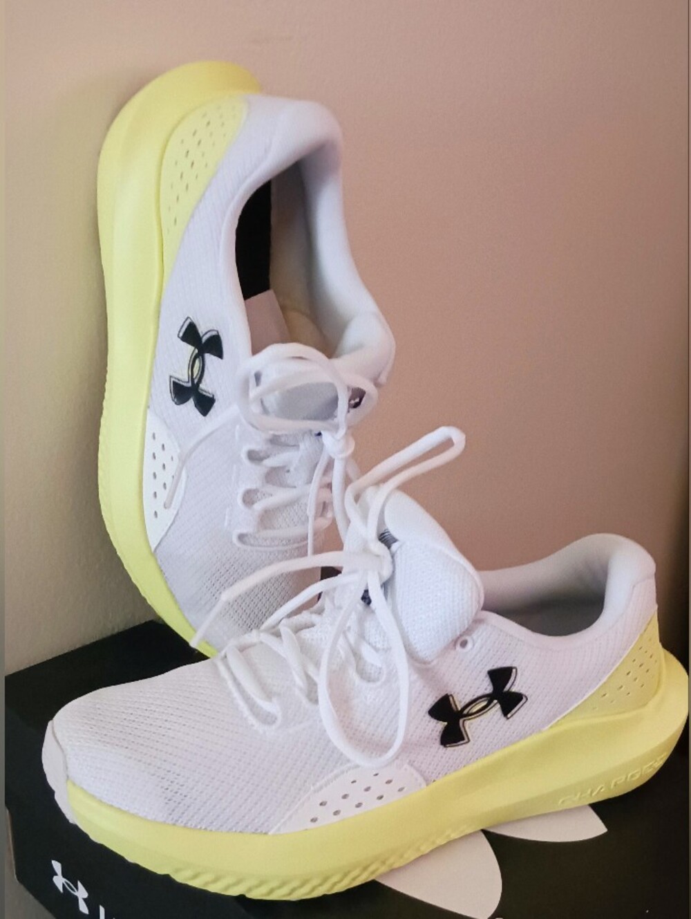 Under Armour White & Solar Yellow Charged Surge 4, Size 8.5